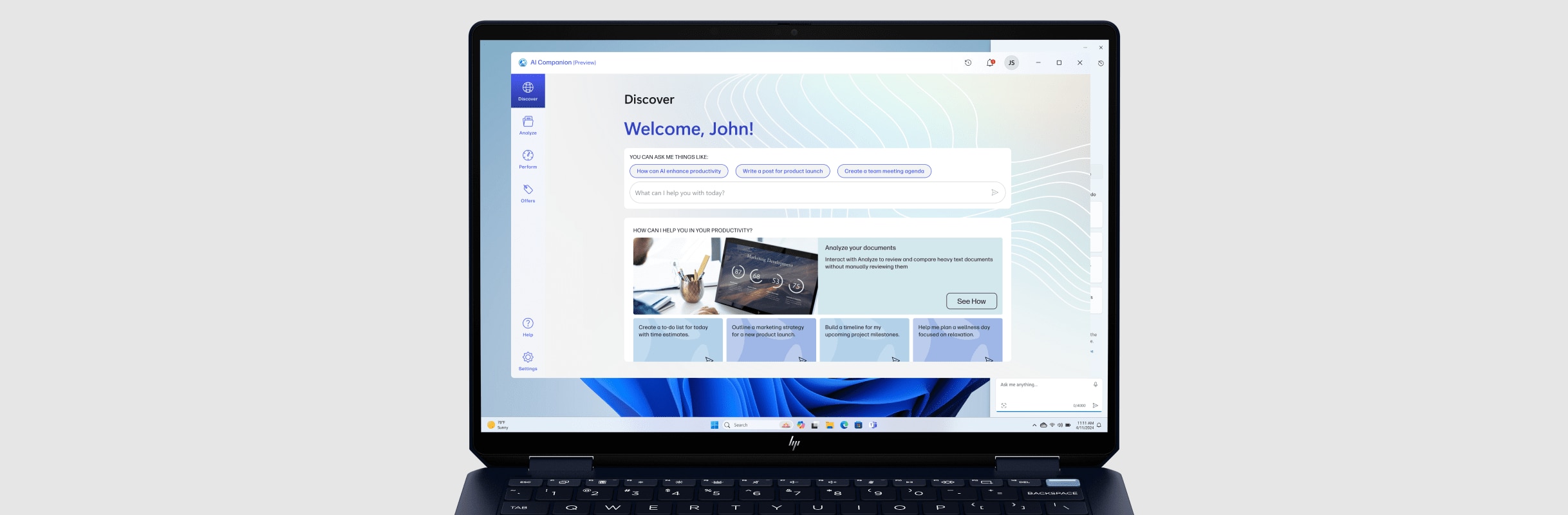 Laptop screen showing the Discover option on the HP AI Companion app