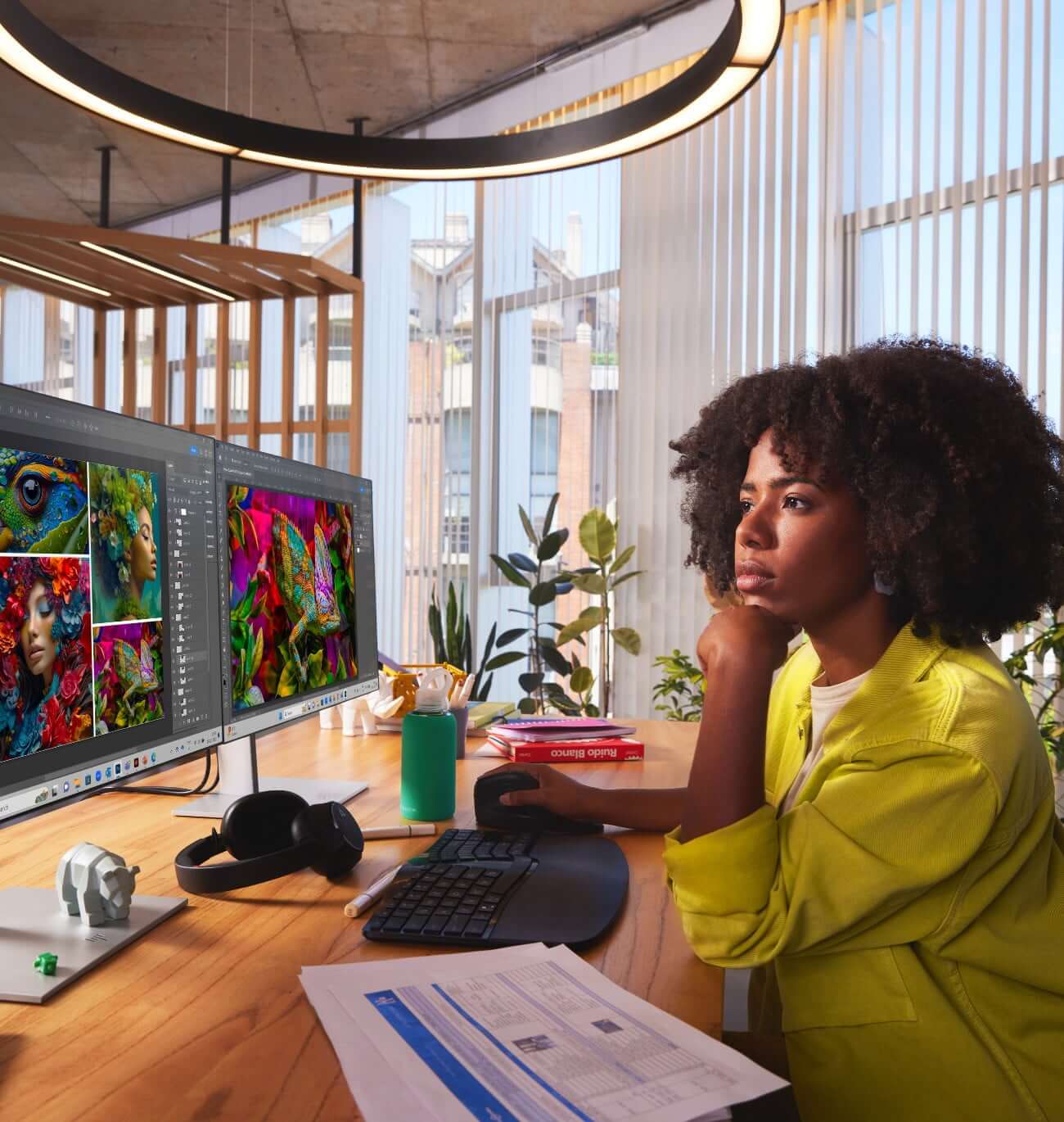 A woman working on dual HP monitors connected to an HP laptop A woman working on dual HP monitors connected to an HP laptop